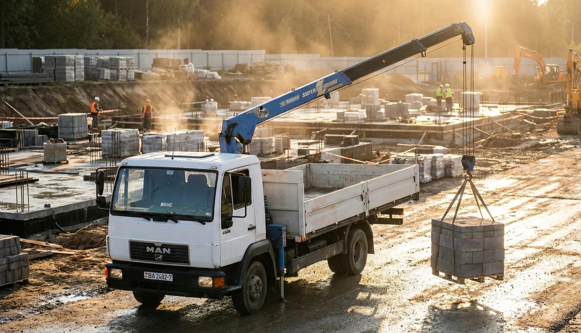 Манипулятор выполняет разгрузку стройматериалов на объекте в Минске